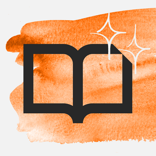 Orange brush stroke representing Kyocera Commercial Printing Identity with a book icon, highlighting output of Kyocera commercial printing. 