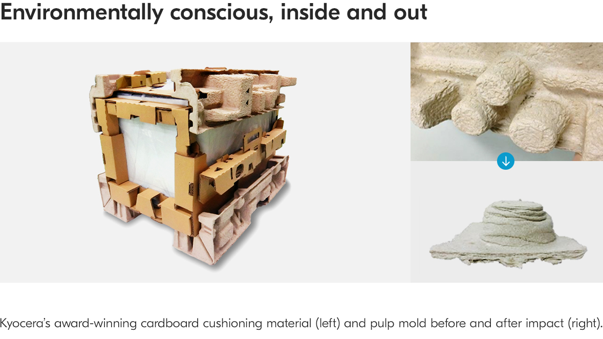 Kyocera’s award-winning cardboard cushioning material (left) and pulp mold before and after impact (right).