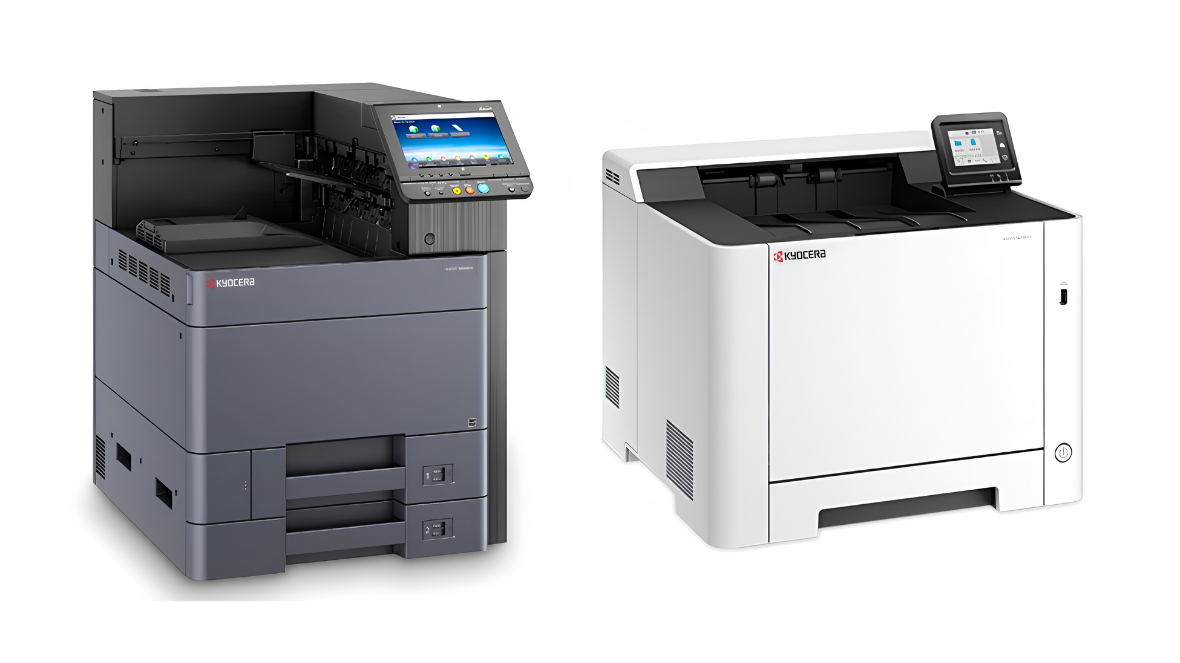 Two Kyocera enterprise laser printers for office document solutions.