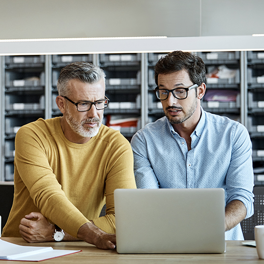 Two men looking at laptop