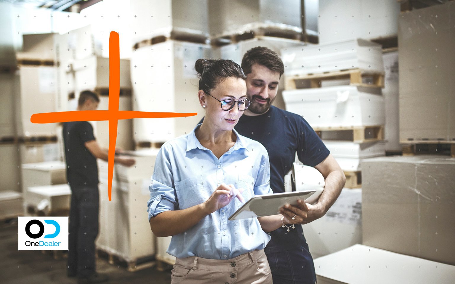 Woman and man looking at tablet