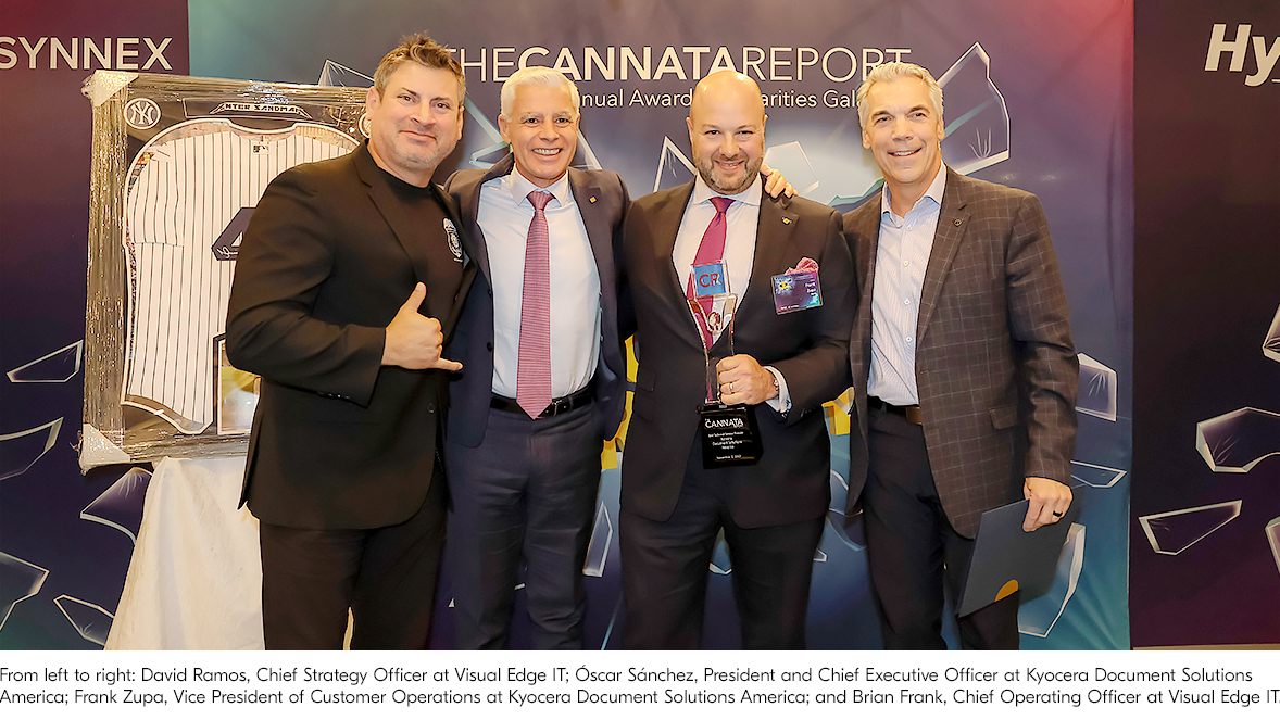 From left to right: David Ramos, Chief Strategy Officer at Visual Edge IT; Óscar Sánchez, President and Chief Executive Offer at Kyocera Document Solutions America, Inc.; Frank Zupa, Vice President of Customer Operations at Kyocera Document Solutions America, Inc.; Brian Frank, Chief Operating Officer at Visual Edge IT. From left to right: David Ramos, Chief Strategy Officer at Visual Edge IT; Óscar Sánchez, President and Chief Executive Offer at Kyocera Document Solutions America, Inc.; Frank Zupa, Vice President of Customer Operations at Kyocera Document Solutions America, Inc.; Brian Frank, Chief Operating Officer at Visual Edge IT.